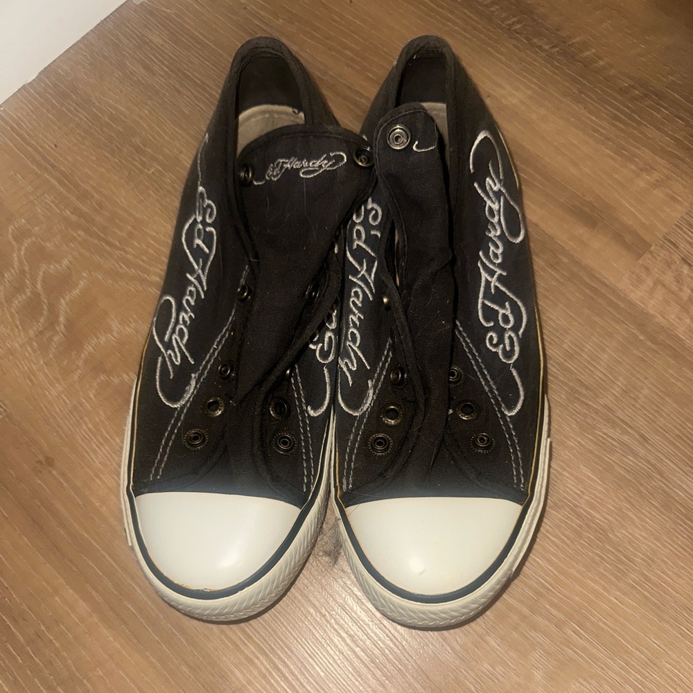 Brown and white accent vintage edhardy sneakers size 7 (no laces)